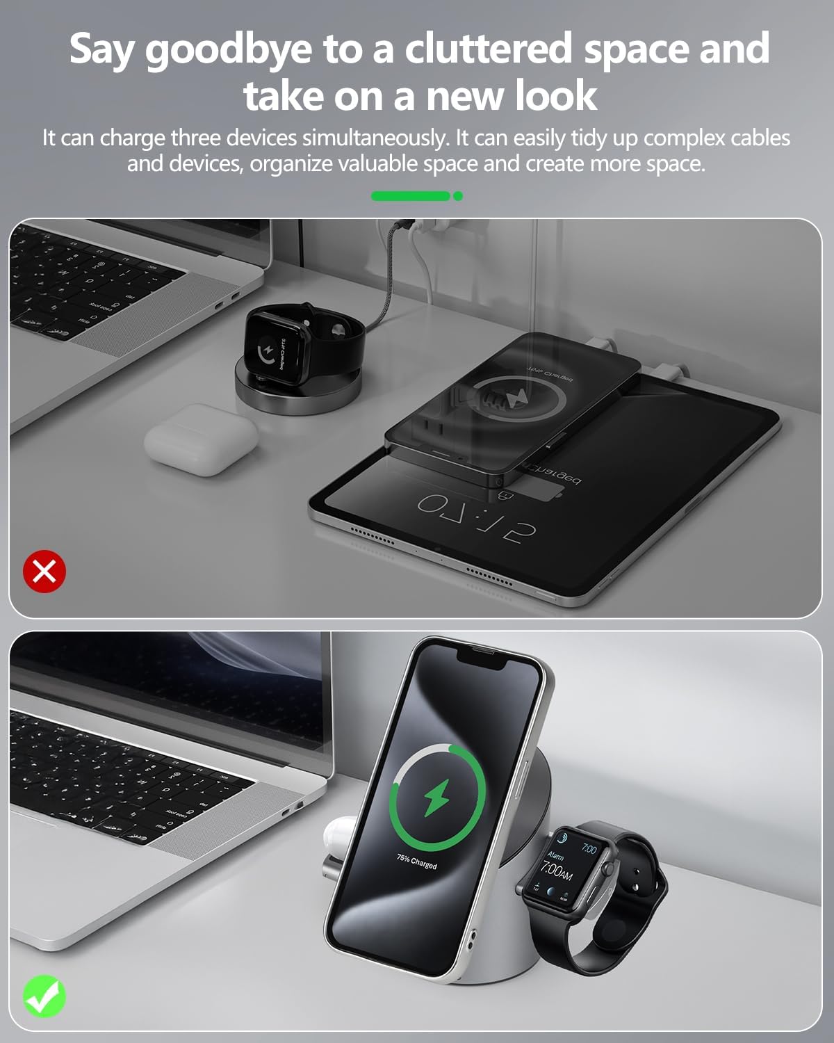 3 in 1 Auto Rotation Wireless Charging Station, Mag-Safe Wireless Charging Stand, Qi2 15W